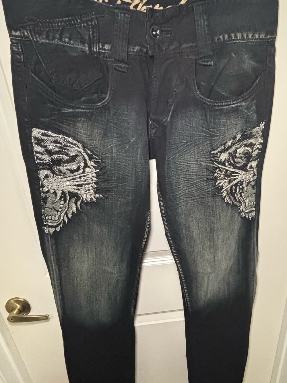 Christian Audigier Men Slim Jeans Black with Silver Embroidered Patch